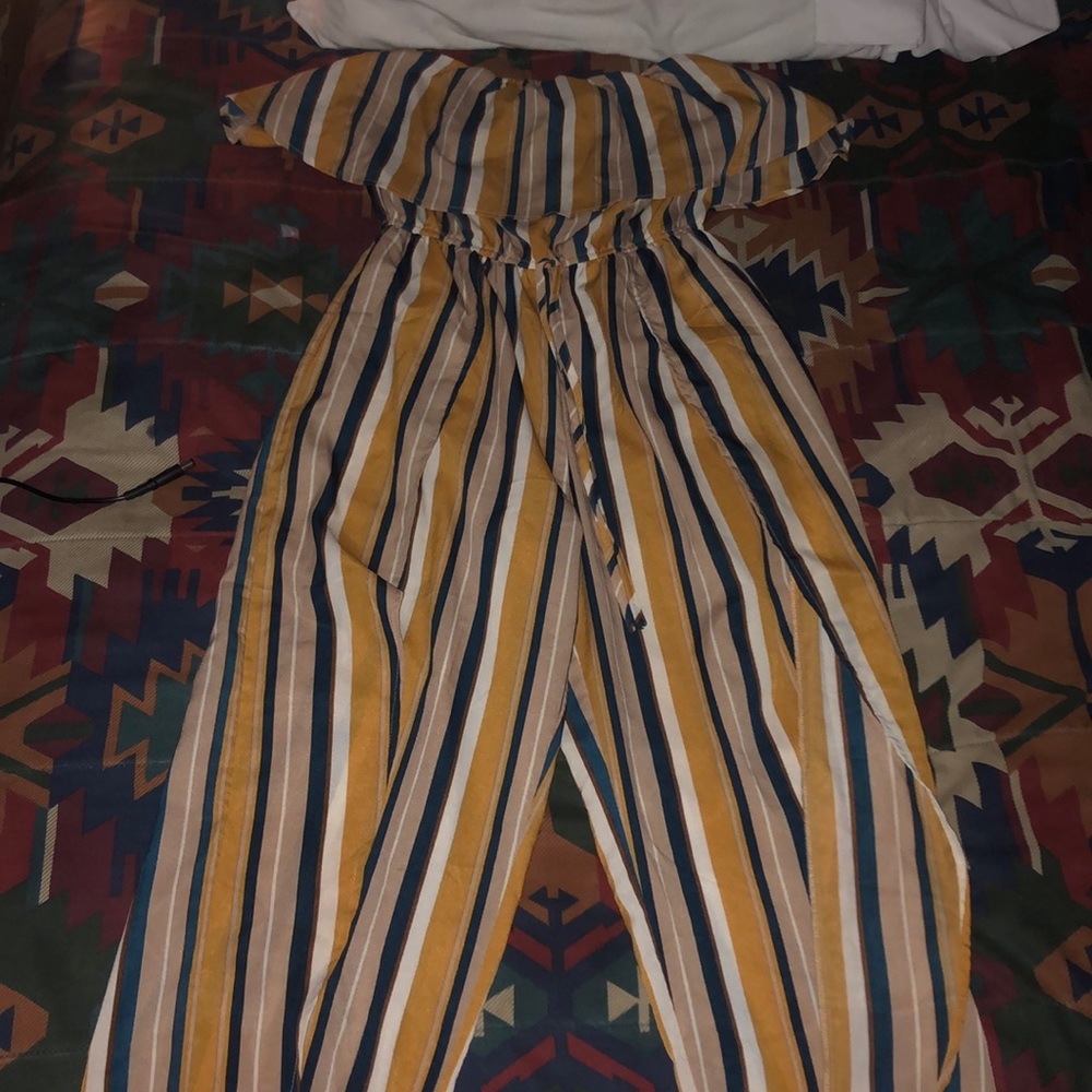 Hers and Mine off the shoulder, striped Jumpsuit.
